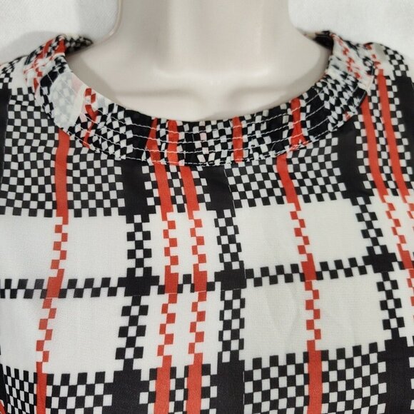Honey Punch Sheer Blouson Dress Women Size M Cream Red Black Plaid Long Sleeve - Picture 5 of 10